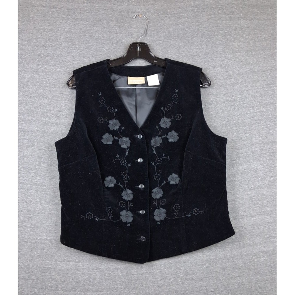 Liz Claiborne Womens Jacket 14 Black Velvet Embroidered Floral Blazer Boho Chic